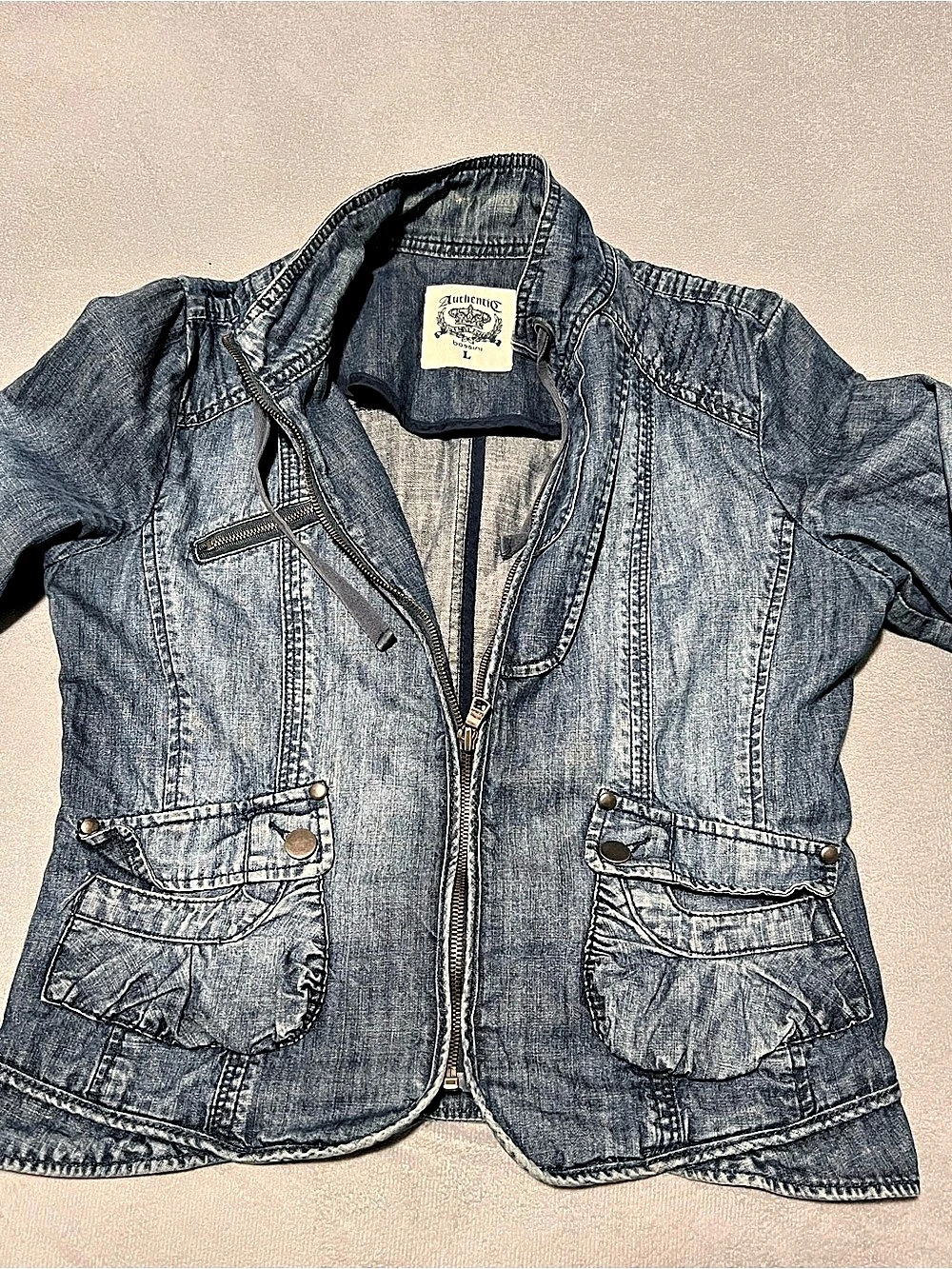 Vintage Y2K Bossini Denim Utility Cargo Moto Jacket Large